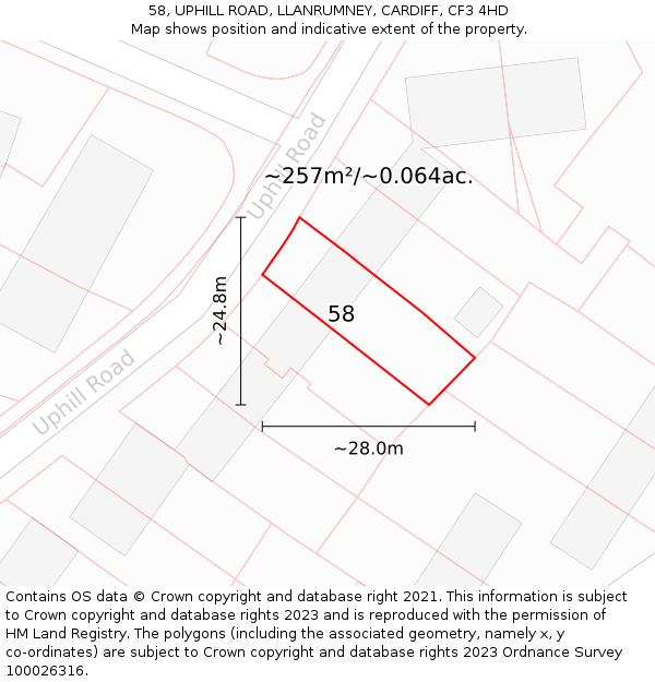 58, UPHILL ROAD, LLANRUMNEY, CARDIFF, CF3 4HD: Plot and title map