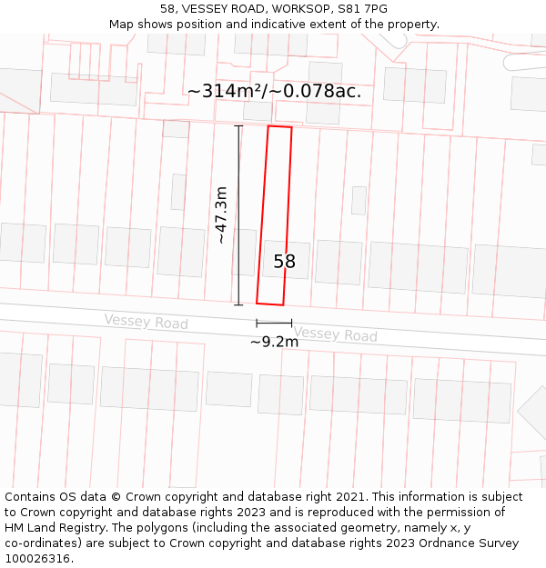 58, VESSEY ROAD, WORKSOP, S81 7PG: Plot and title map