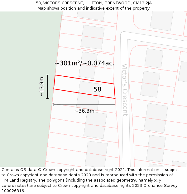 58, VICTORS CRESCENT, HUTTON, BRENTWOOD, CM13 2JA: Plot and title map