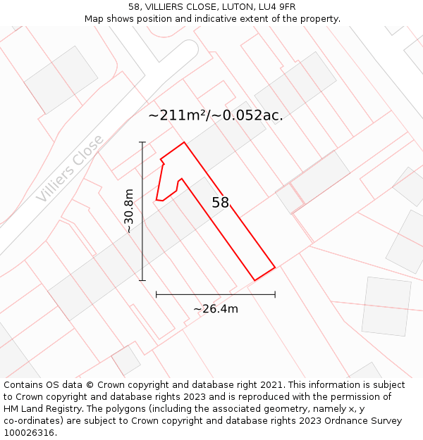 58, VILLIERS CLOSE, LUTON, LU4 9FR: Plot and title map