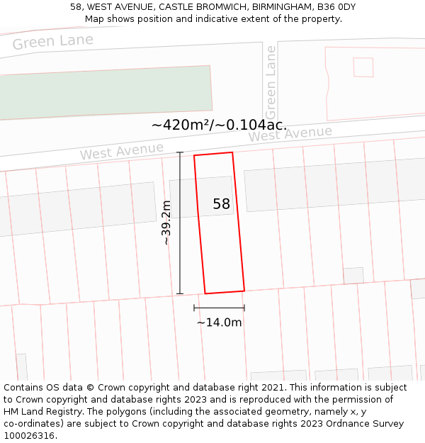 58, WEST AVENUE, CASTLE BROMWICH, BIRMINGHAM, B36 0DY: Plot and title map