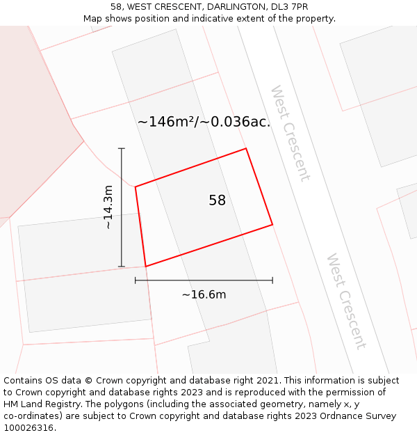 58, WEST CRESCENT, DARLINGTON, DL3 7PR: Plot and title map