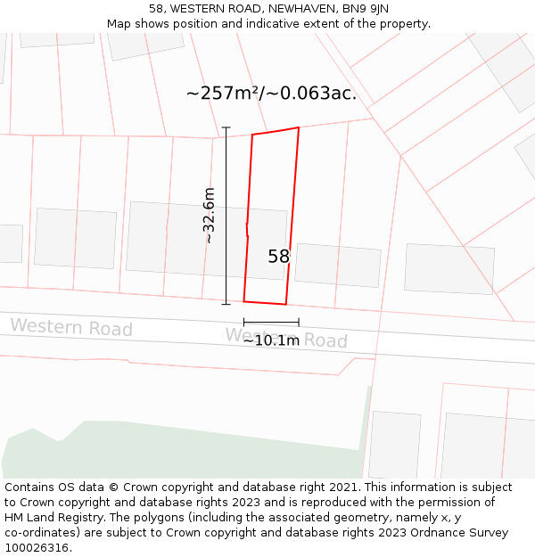 58, WESTERN ROAD, NEWHAVEN, BN9 9JN: Plot and title map