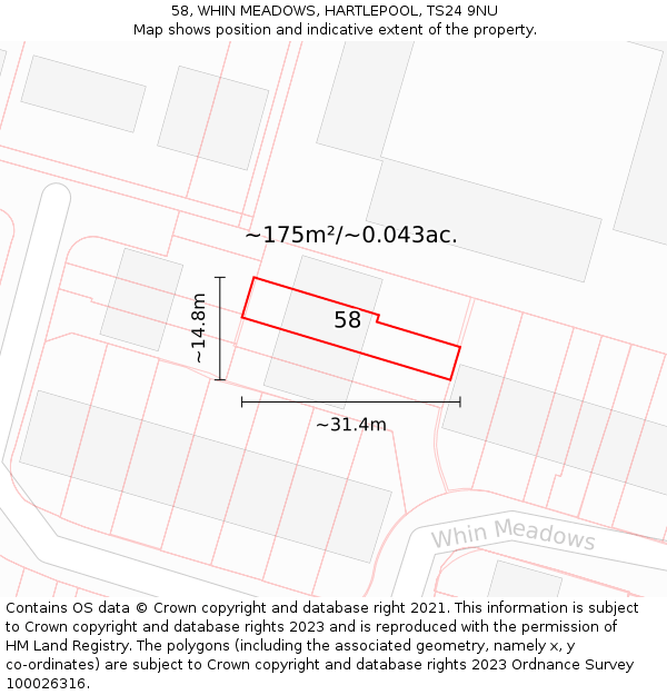 58, WHIN MEADOWS, HARTLEPOOL, TS24 9NU: Plot and title map