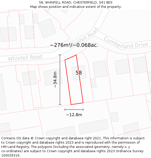 58, WHINFELL ROAD, CHESTERFIELD, S41 8ES: Plot and title map