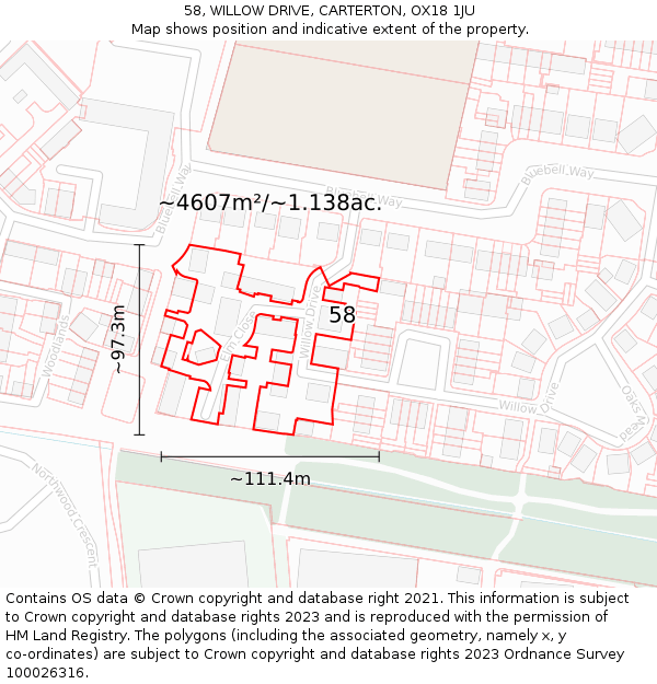 58, WILLOW DRIVE, CARTERTON, OX18 1JU: Plot and title map