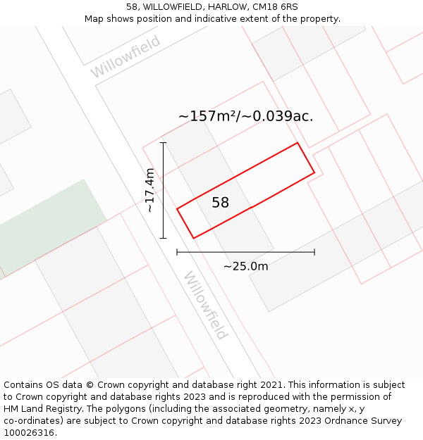 58, WILLOWFIELD, HARLOW, CM18 6RS: Plot and title map