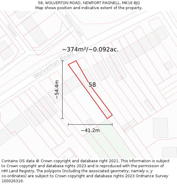 58, WOLVERTON ROAD, NEWPORT PAGNELL, MK16 8JG: Plot and title map