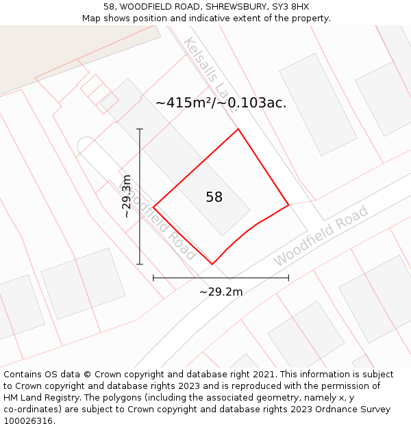 58, WOODFIELD ROAD, SHREWSBURY, SY3 8HX: Plot and title map