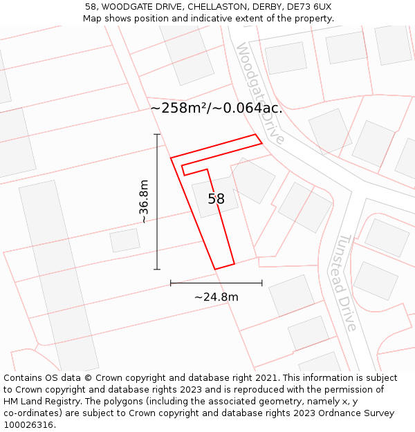 58, WOODGATE DRIVE, CHELLASTON, DERBY, DE73 6UX: Plot and title map