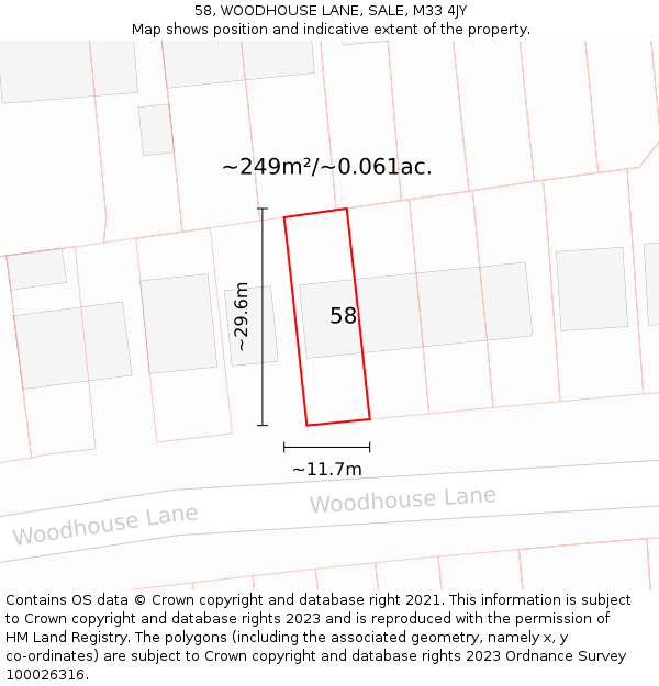 58, WOODHOUSE LANE, SALE, M33 4JY: Plot and title map