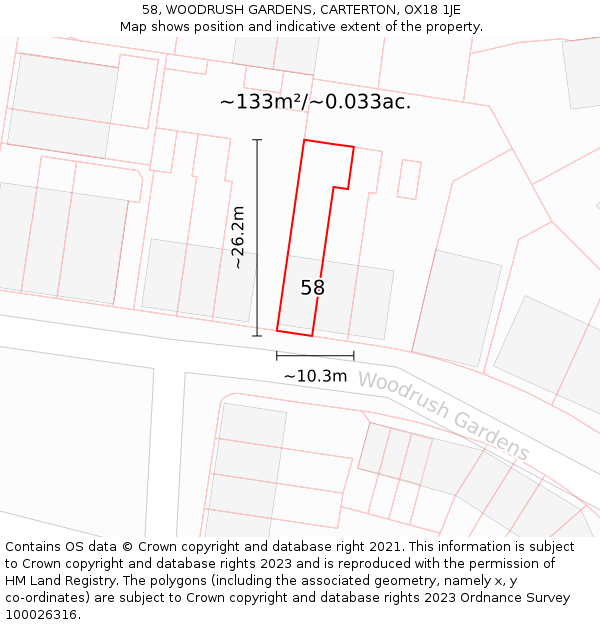58, WOODRUSH GARDENS, CARTERTON, OX18 1JE: Plot and title map