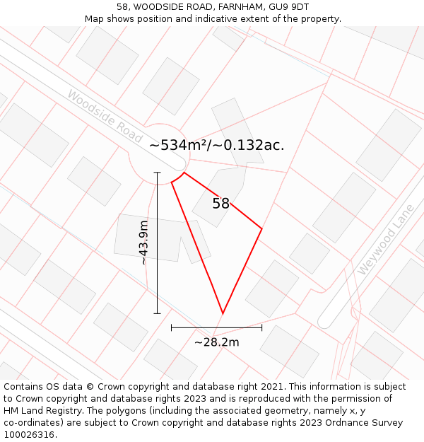 58, WOODSIDE ROAD, FARNHAM, GU9 9DT: Plot and title map