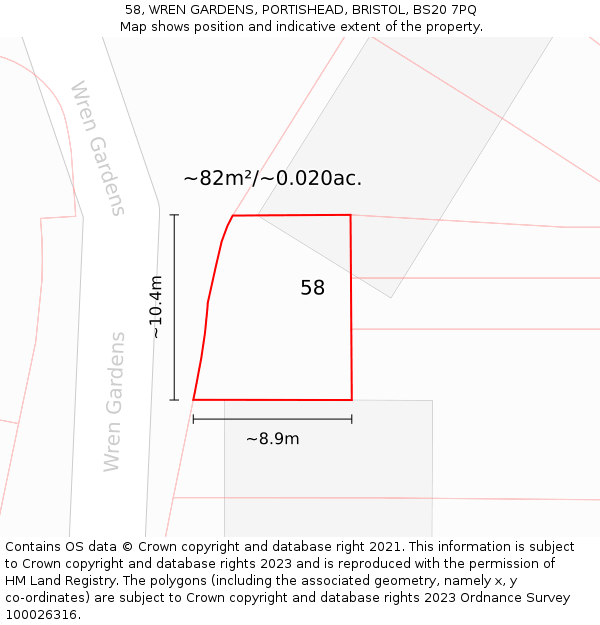 58, WREN GARDENS, PORTISHEAD, BRISTOL, BS20 7PQ: Plot and title map