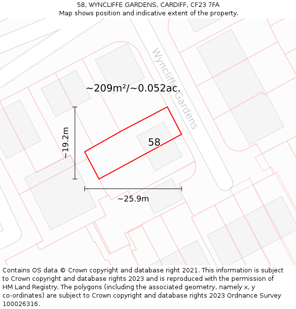 58, WYNCLIFFE GARDENS, CARDIFF, CF23 7FA: Plot and title map