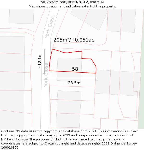 58, YORK CLOSE, BIRMINGHAM, B30 2HN: Plot and title map