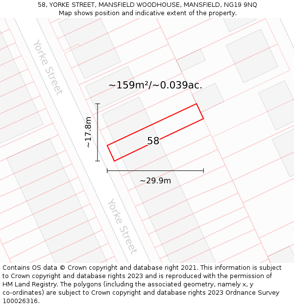 58, YORKE STREET, MANSFIELD WOODHOUSE, MANSFIELD, NG19 9NQ: Plot and title map