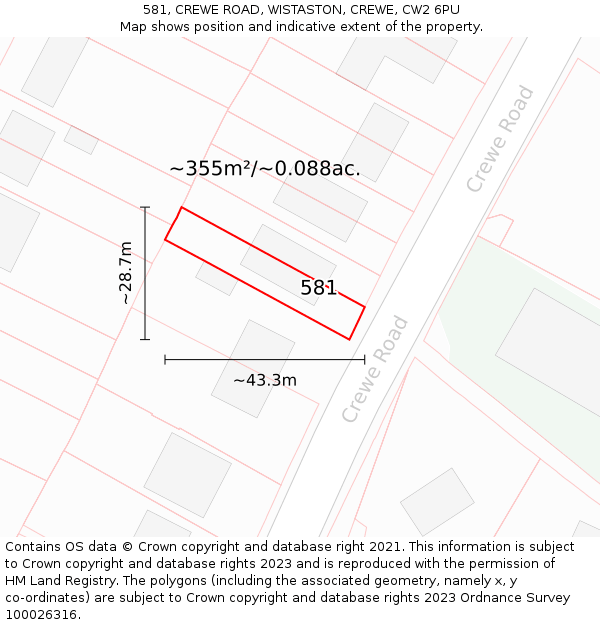 581, CREWE ROAD, WISTASTON, CREWE, CW2 6PU: Plot and title map