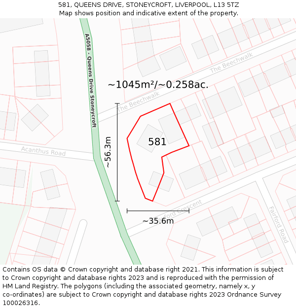 581, QUEENS DRIVE, STONEYCROFT, LIVERPOOL, L13 5TZ: Plot and title map