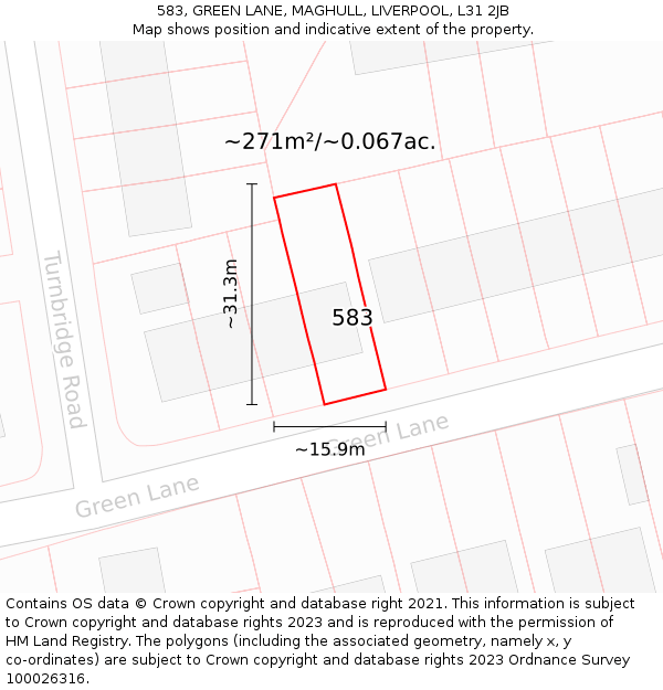 583, GREEN LANE, MAGHULL, LIVERPOOL, L31 2JB: Plot and title map