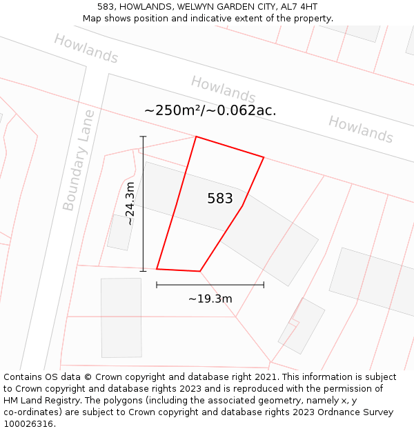 583, HOWLANDS, WELWYN GARDEN CITY, AL7 4HT: Plot and title map