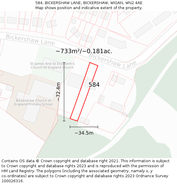 584, BICKERSHAW LANE, BICKERSHAW, WIGAN, WN2 4AE: Plot and title map