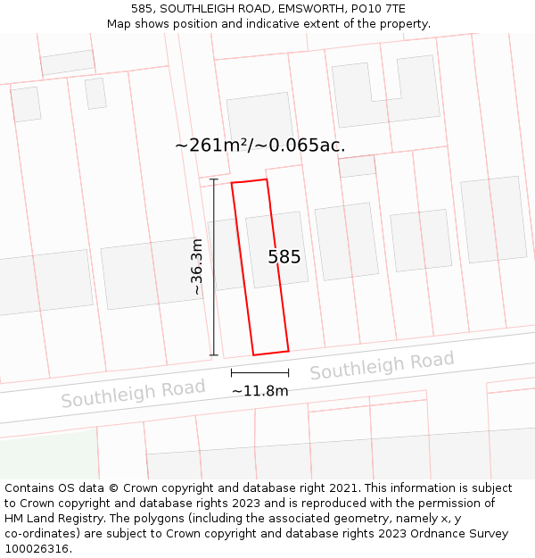 585, SOUTHLEIGH ROAD, EMSWORTH, PO10 7TE: Plot and title map