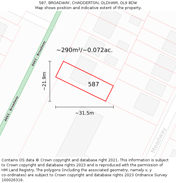 587, BROADWAY, CHADDERTON, OLDHAM, OL9 8DW: Plot and title map