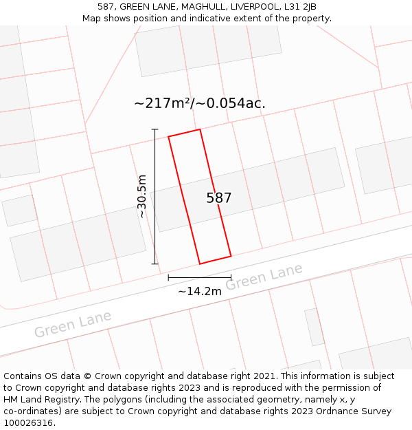 587, GREEN LANE, MAGHULL, LIVERPOOL, L31 2JB: Plot and title map