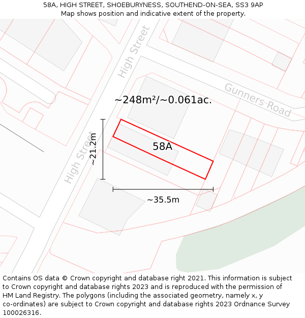 58A, HIGH STREET, SHOEBURYNESS, SOUTHEND-ON-SEA, SS3 9AP: Plot and title map