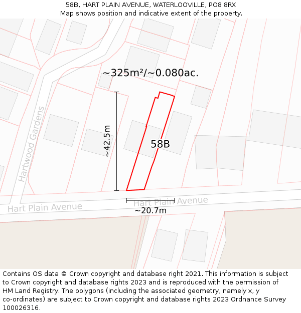 58B, HART PLAIN AVENUE, WATERLOOVILLE, PO8 8RX: Plot and title map