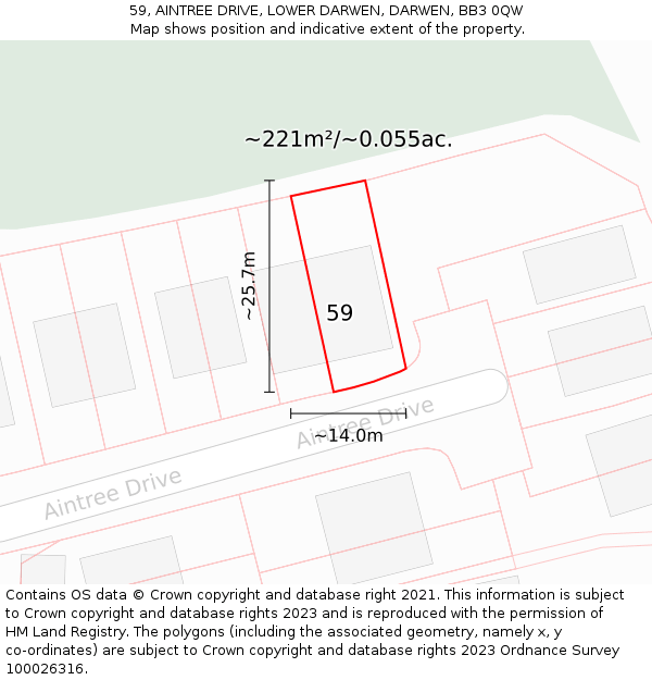 59, AINTREE DRIVE, LOWER DARWEN, DARWEN, BB3 0QW: Plot and title map