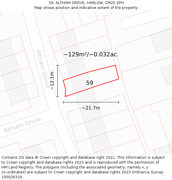 59, ALTHAM GROVE, HARLOW, CM20 2PH: Plot and title map