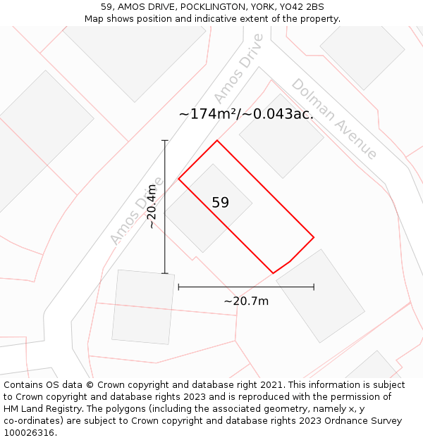 59, AMOS DRIVE, POCKLINGTON, YORK, YO42 2BS: Plot and title map