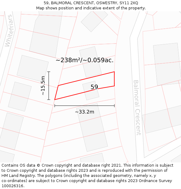 59, BALMORAL CRESCENT, OSWESTRY, SY11 2XQ: Plot and title map