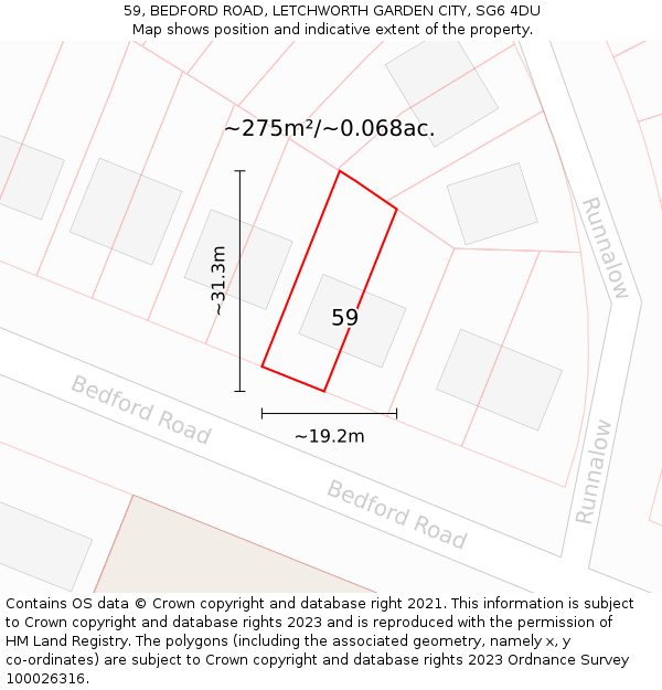 59, BEDFORD ROAD, LETCHWORTH GARDEN CITY, SG6 4DU: Plot and title map