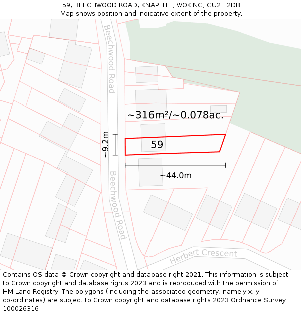 59, BEECHWOOD ROAD, KNAPHILL, WOKING, GU21 2DB: Plot and title map