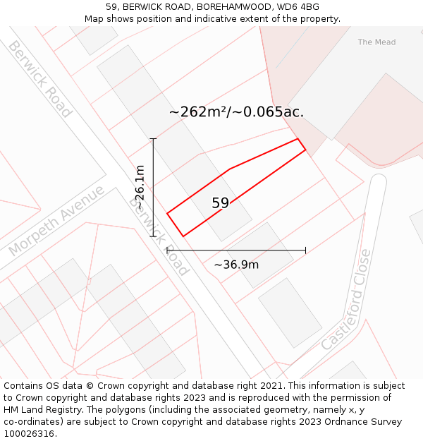 59, BERWICK ROAD, BOREHAMWOOD, WD6 4BG: Plot and title map