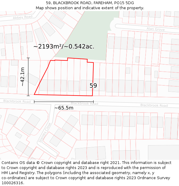 59, BLACKBROOK ROAD, FAREHAM, PO15 5DG: Plot and title map