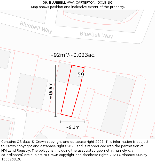 59, BLUEBELL WAY, CARTERTON, OX18 1JG: Plot and title map