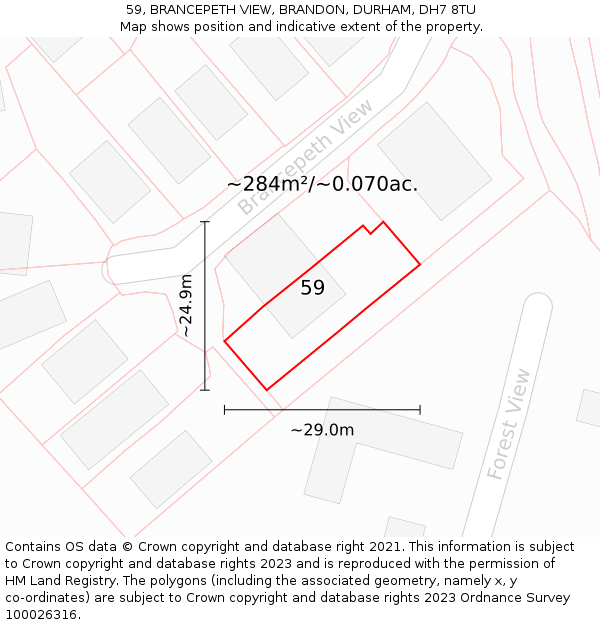 59, BRANCEPETH VIEW, BRANDON, DURHAM, DH7 8TU: Plot and title map