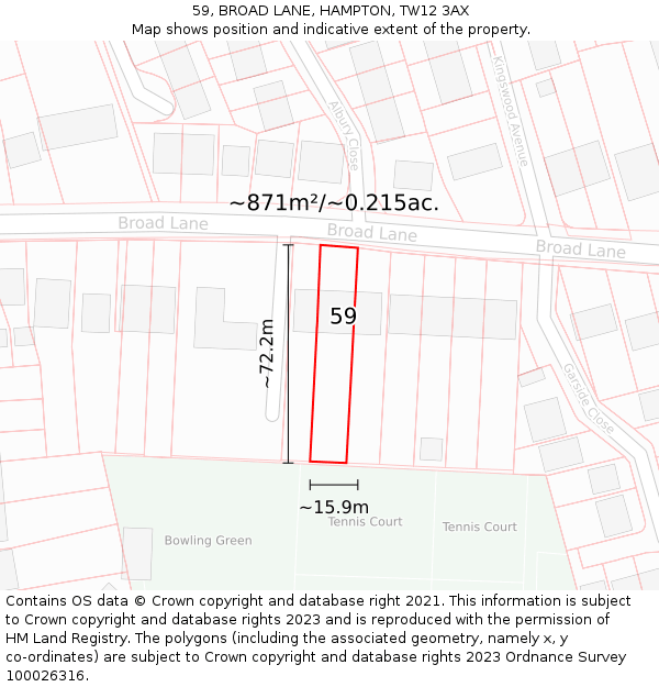 59, BROAD LANE, HAMPTON, TW12 3AX: Plot and title map