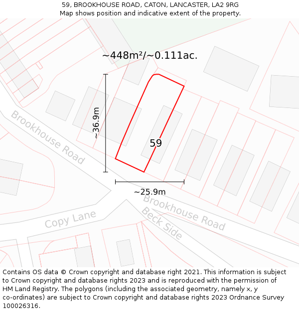 59, BROOKHOUSE ROAD, CATON, LANCASTER, LA2 9RG: Plot and title map