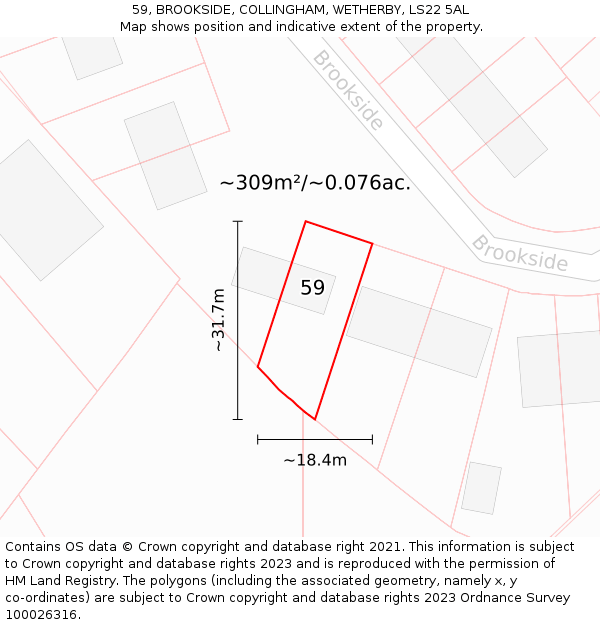 59, BROOKSIDE, COLLINGHAM, WETHERBY, LS22 5AL: Plot and title map