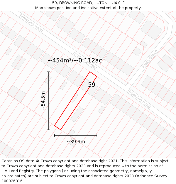 59, BROWNING ROAD, LUTON, LU4 0LF: Plot and title map