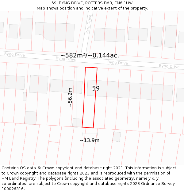 59, BYNG DRIVE, POTTERS BAR, EN6 1UW: Plot and title map