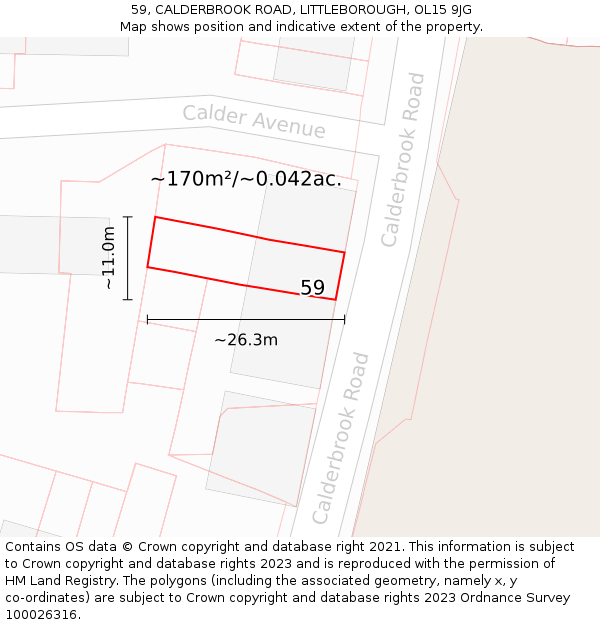 59, CALDERBROOK ROAD, LITTLEBOROUGH, OL15 9JG: Plot and title map