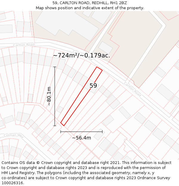 59, CARLTON ROAD, REDHILL, RH1 2BZ: Plot and title map