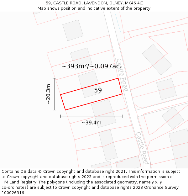 59, CASTLE ROAD, LAVENDON, OLNEY, MK46 4JE: Plot and title map