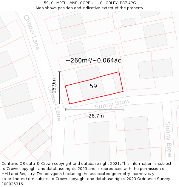 59, CHAPEL LANE, COPPULL, CHORLEY, PR7 4PG: Plot and title map